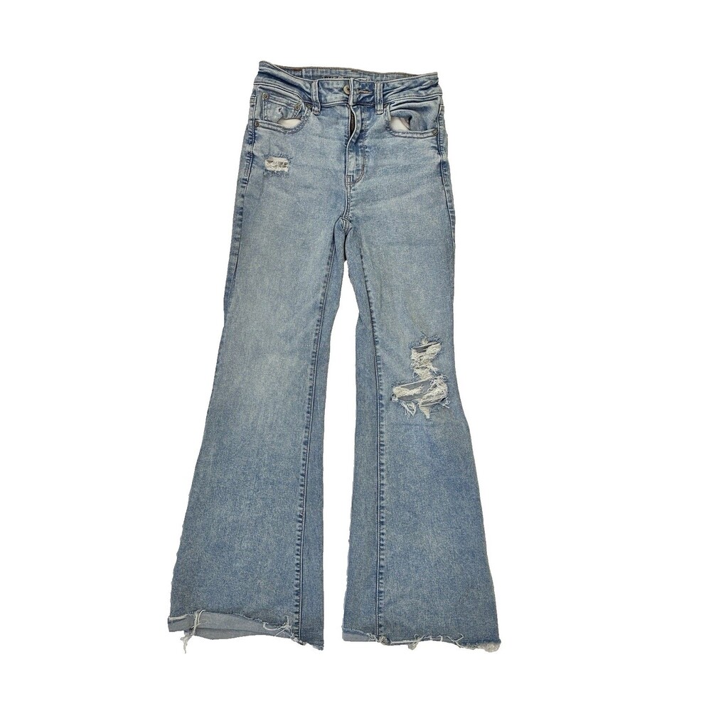 American Eagle Blue Jeans Super High Rise Flare Stretch Sz 2 Short Hippie Grunge - Picture 4 of 12